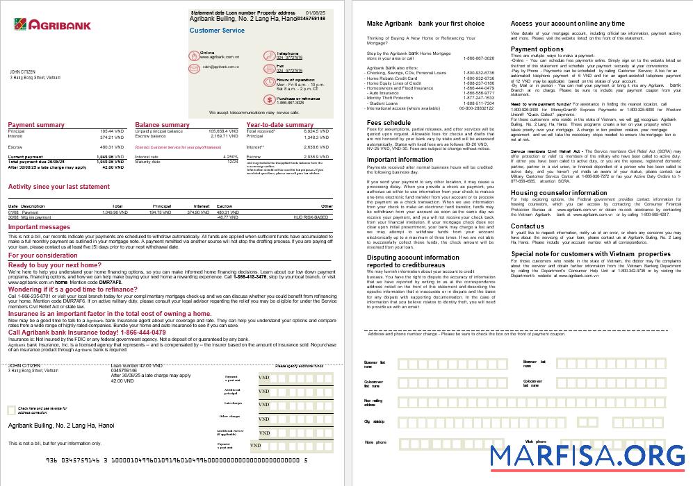 Printable Vietnam Agribank bank mortgage statement in Word and PDF formats, 2 pages example